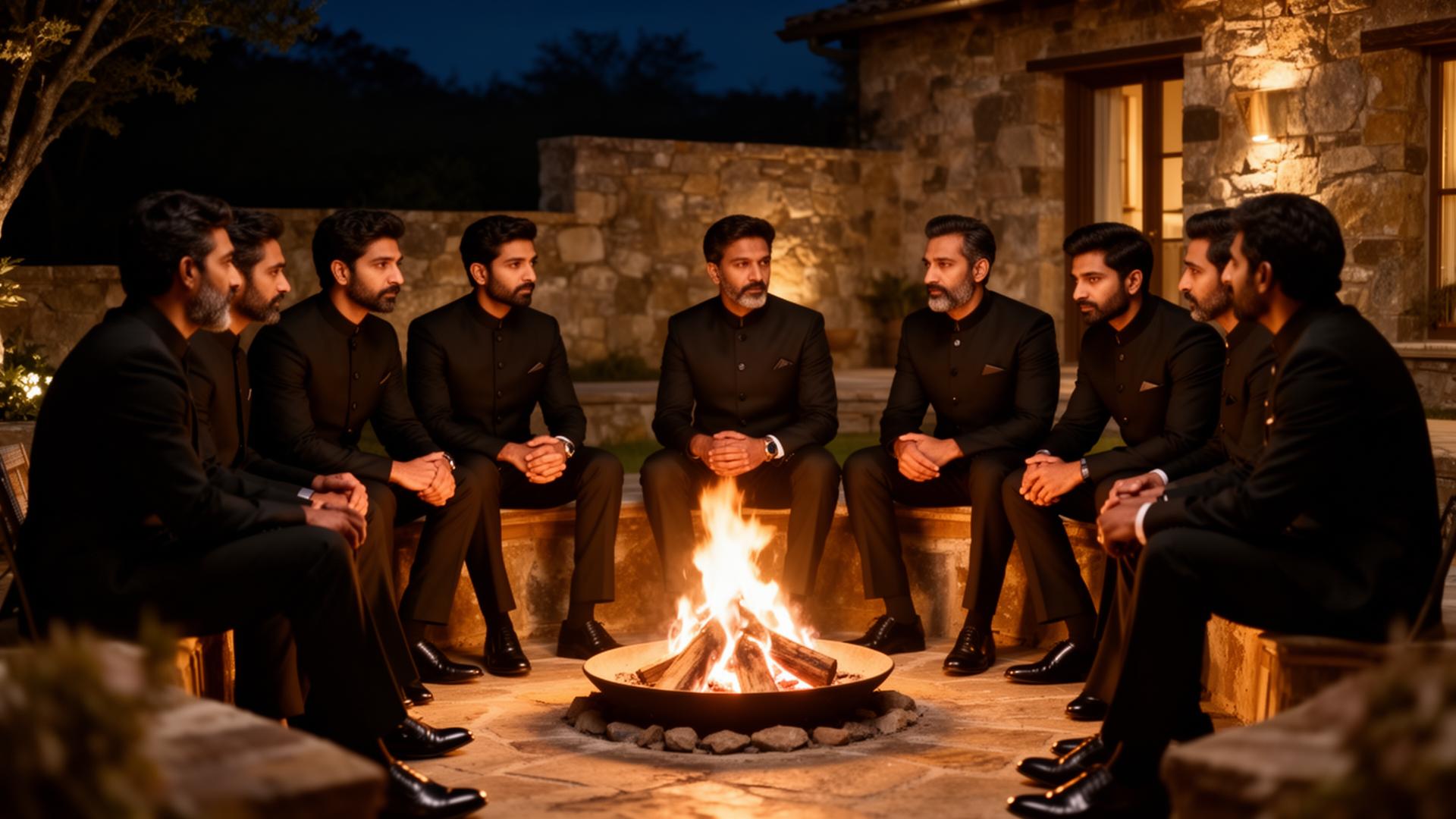 Men gathered around fire at night
