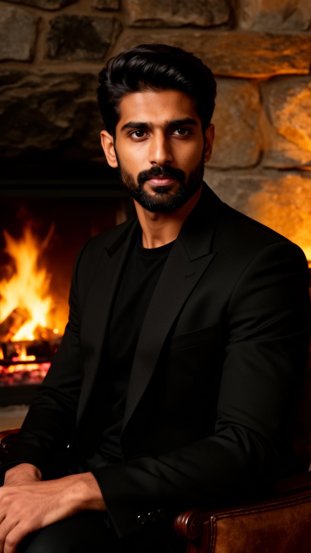 The Fibonacé Man — a refined Indian man before firelight