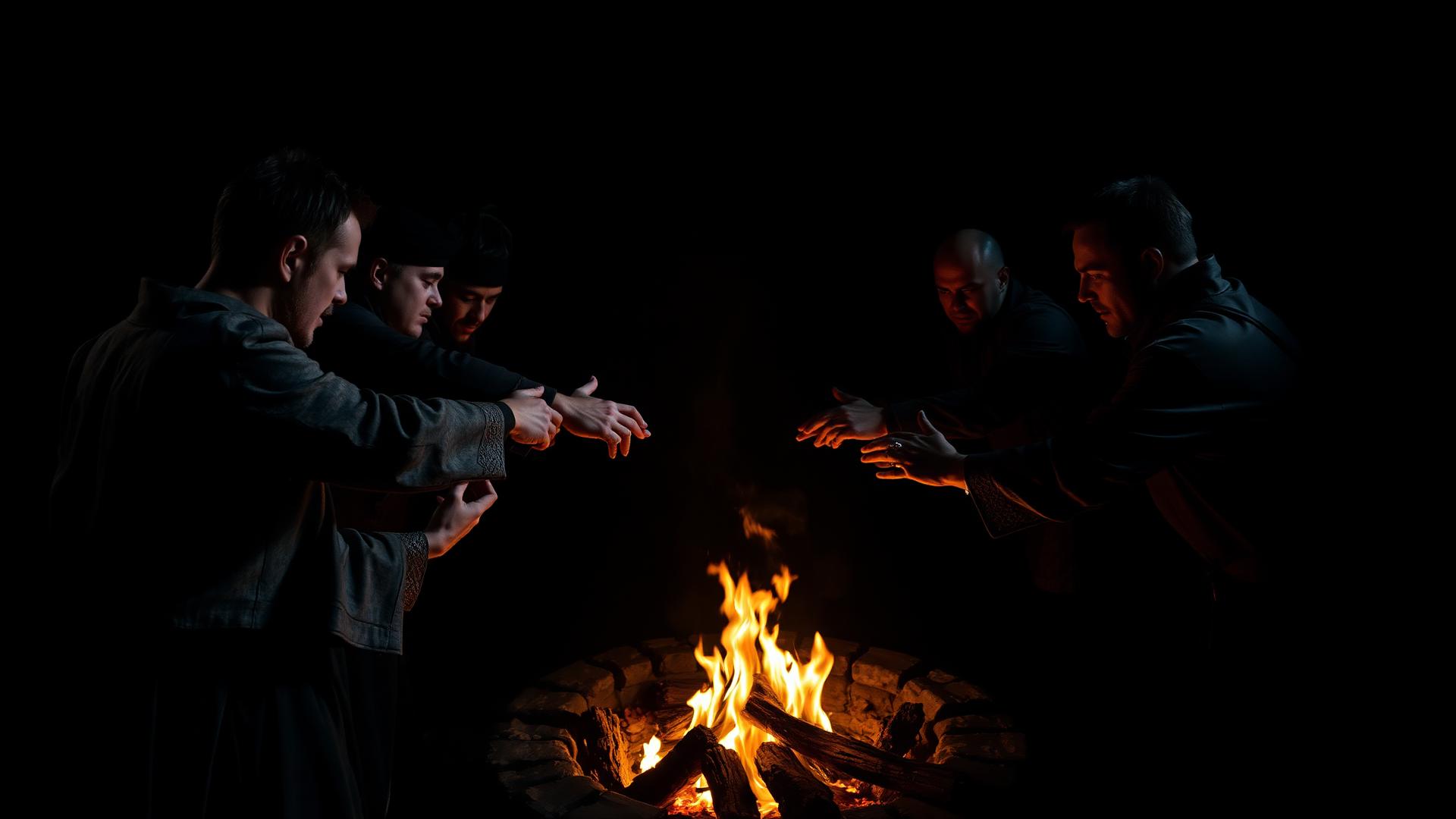 A circle of men's hands joined over fire in a dark chamber