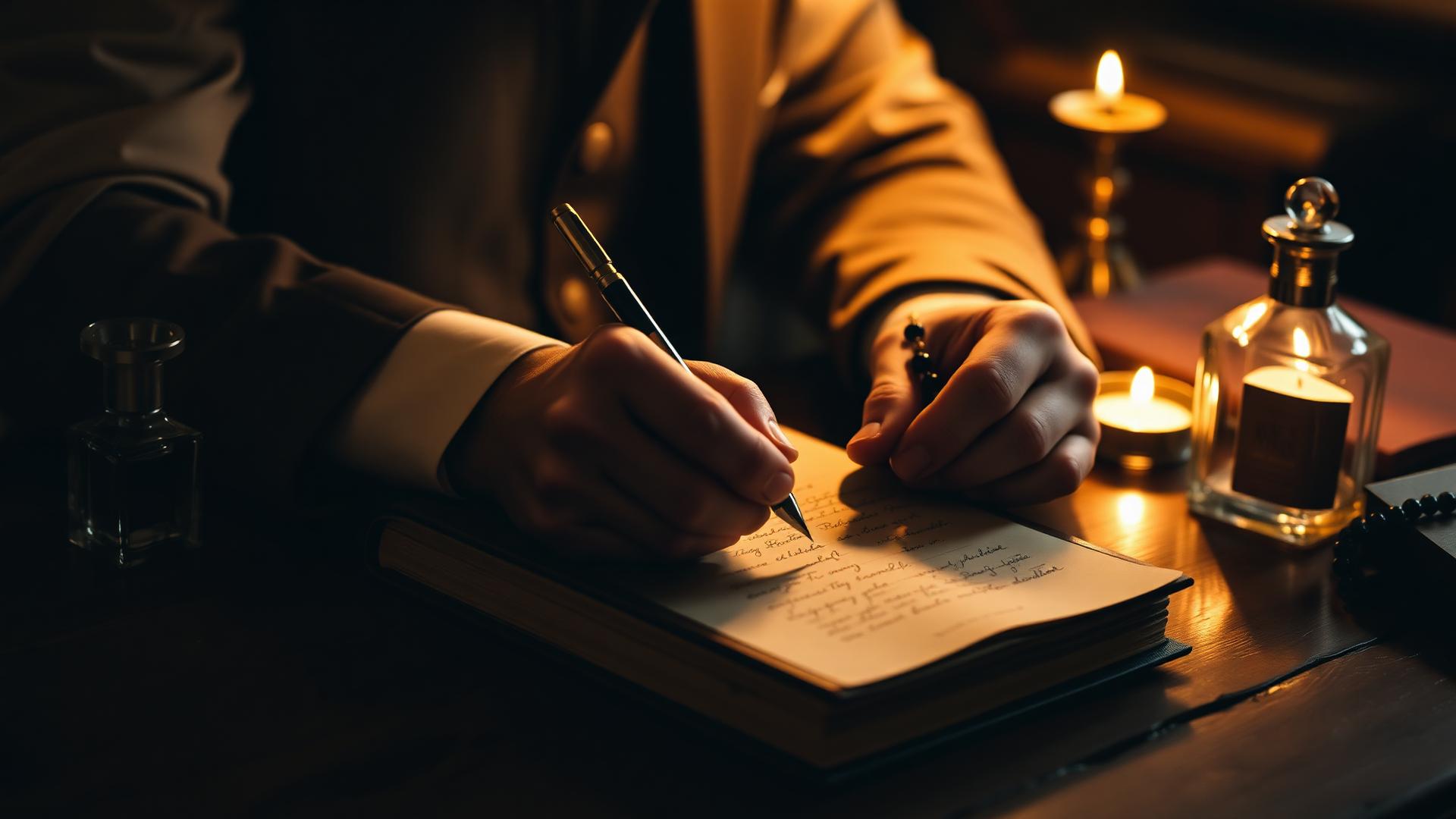 Hands writing in a leather journal by candlelight on a dark desk