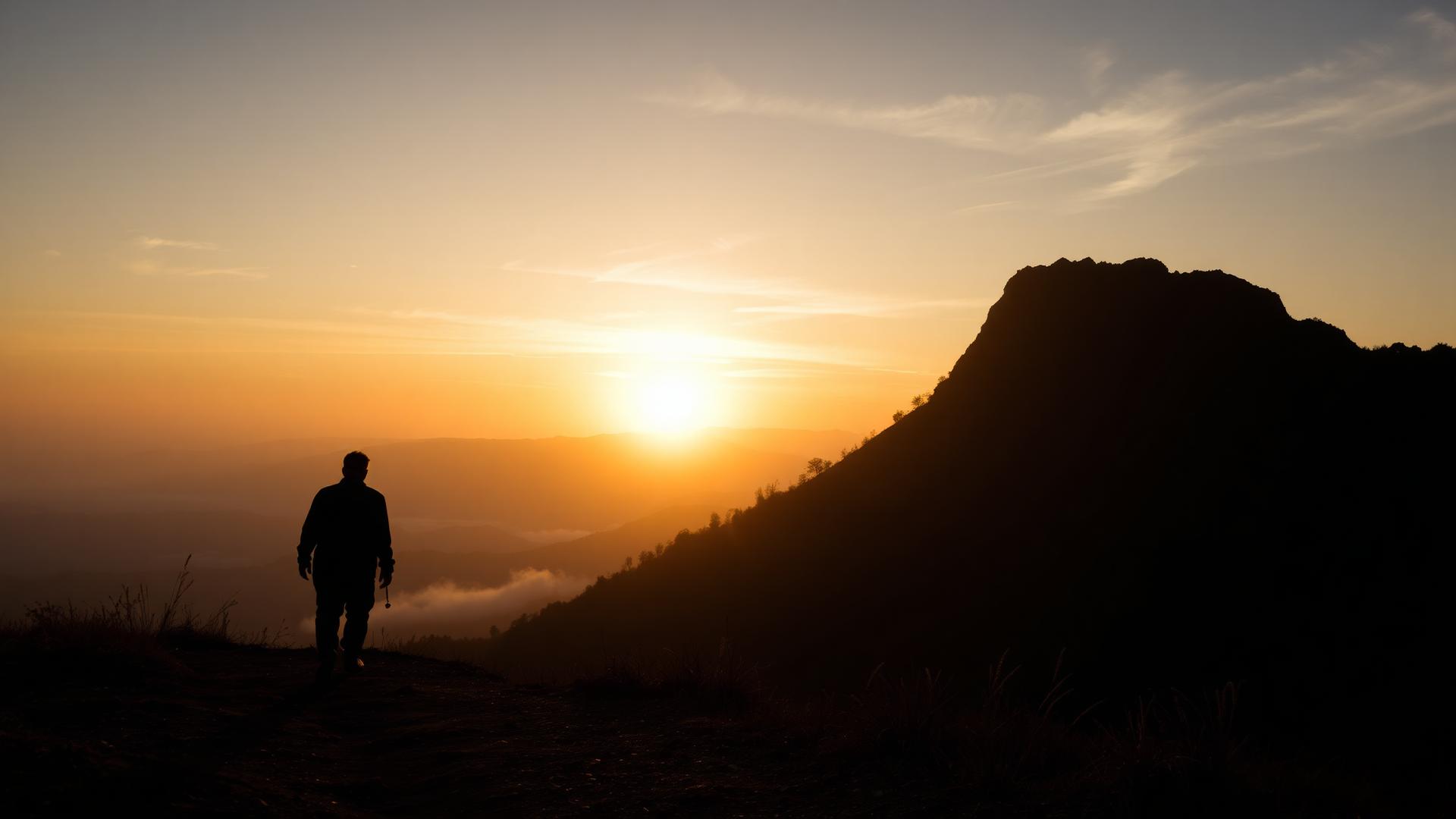 A lone man walking a misty mountain path toward dawn
