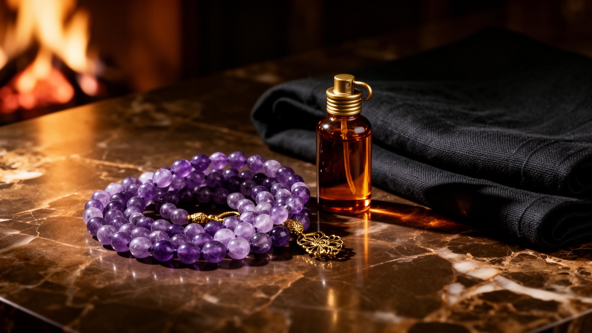 Amethyst mala, fragrance bottle and linen on bronze marble